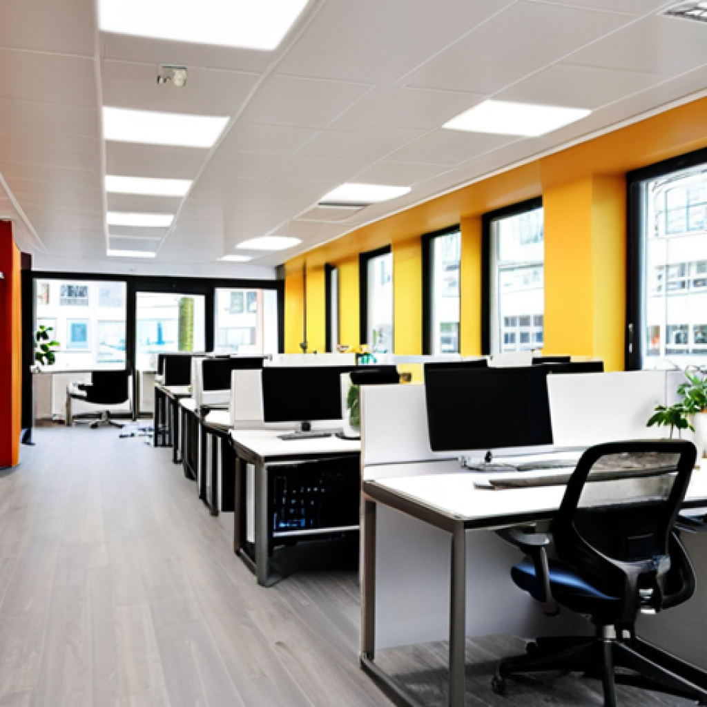 **Prompt:** Interior of a modern commercial space in Hamburg-Eppendorf, Germany. Focus on bright, renovated offices, showcasing value enhancement through modernization. Include German professionals working collaboratively.