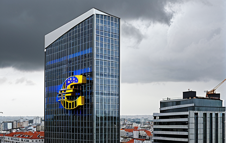 **
Prompt: "Modern commercial real estate exterior, interest rate graph overlay, euro symbols, emphasizing financial challenges, overcast sky, realistic."
**