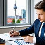 A focused financial expert wearing a dark, tailored business suit with a crisp shirt. They are seated at a sleek, minimalist desk in a modern, brightly lit office, with a subtle, blurred German city skyline visible through a large window in the background. The desk is arranged with neatly stacked financial reports and a tablet displaying complex charts and figures related to real estate investment. The expert is intently reviewing documents, with one hand resting on a graph, conveying deep concentration and analysis of financial complexities. Professional corporate photography, high resolution, sharp focus, natural lighting, perfect anatomy, correct proportions, natural pose, well-formed hands, proper finger count, natural body proportions, fully clothed, modest clothing, appropriate attire, professional dress, safe for work, appropriate content, professional.