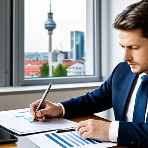 A focused financial expert wearing a dark, tailored business suit with a crisp shirt. They are seated at a sleek, minimalist desk in a modern, brightly lit office, with a subtle, blurred German city skyline visible through a large window in the background. The desk is arranged with neatly stacked financial reports and a tablet displaying complex charts and figures related to real estate investment. The expert is intently reviewing documents, with one hand resting on a graph, conveying deep concentration and analysis of financial complexities. Professional corporate photography, high resolution, sharp focus, natural lighting, perfect anatomy, correct proportions, natural pose, well-formed hands, proper finger count, natural body proportions, fully clothed, modest clothing, appropriate attire, professional dress, safe for work, appropriate content, professional.