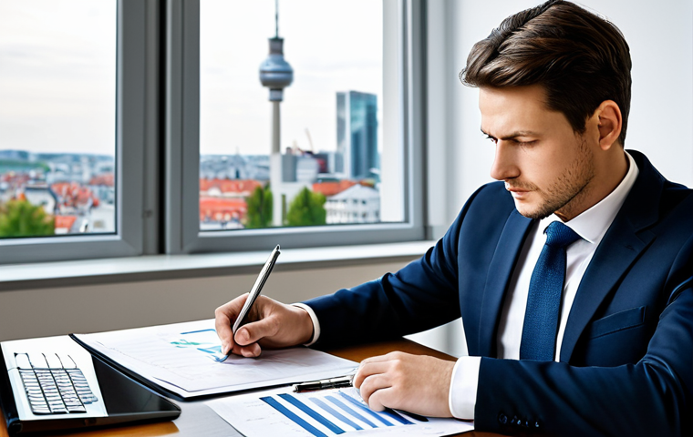 A focused financial expert wearing a dark, tailored business suit with a crisp shirt. They are seated at a sleek, minimalist desk in a modern, brightly lit office, with a subtle, blurred German city skyline visible through a large window in the background. The desk is arranged with neatly stacked financial reports and a tablet displaying complex charts and figures related to real estate investment. The expert is intently reviewing documents, with one hand resting on a graph, conveying deep concentration and analysis of financial complexities. Professional corporate photography, high resolution, sharp focus, natural lighting, perfect anatomy, correct proportions, natural pose, well-formed hands, proper finger count, natural body proportions, fully clothed, modest clothing, appropriate attire, professional dress, safe for work, appropriate content, professional.
