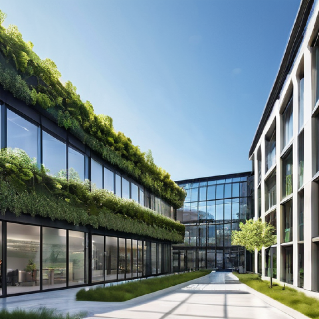 상업용 부동산 구매 시 고려해야 할 요소 - **A highly detailed, photo-realistic image of a modern, sustainable commercial office building in a ...