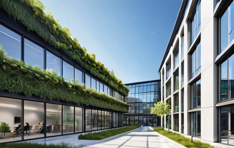 상업용 부동산 구매 시 고려해야 할 요소 - **A highly detailed, photo-realistic image of a modern, sustainable commercial office building in a ...