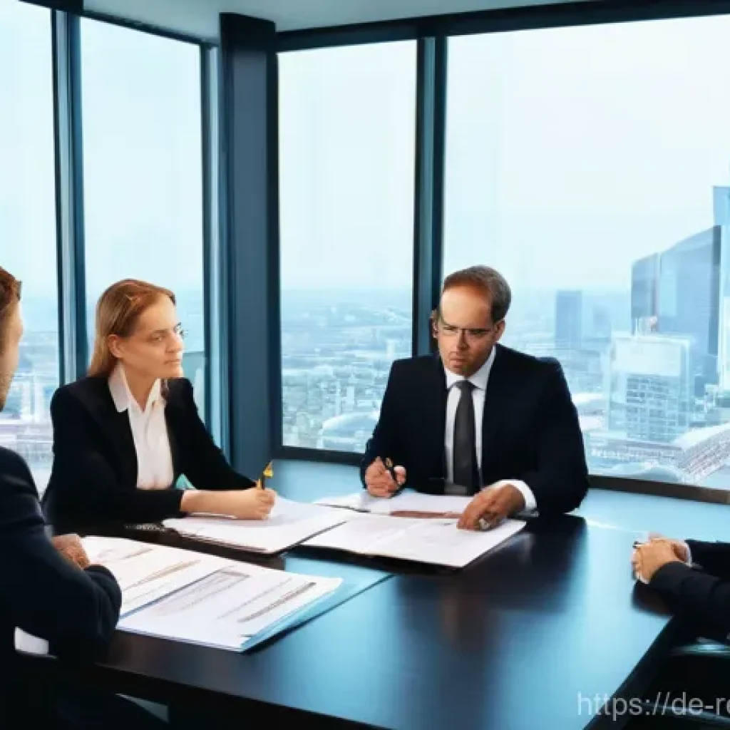 상업용 부동산 투자에 필요한 문서 목록 - A diverse group of German business professionals, including a female lawyer with keen attention to d...