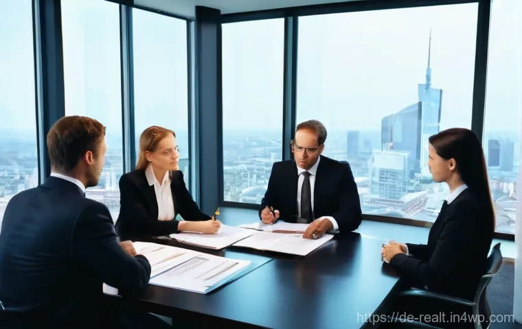 상업용 부동산 투자에 필요한 문서 목록 - A diverse group of German business professionals, including a female lawyer with keen attention to d...