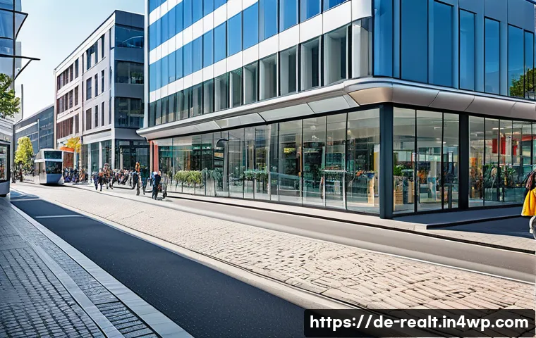 상업용 부동산 투자에 대한 FAQ - A detailed urban commercial real estate scene in a bustling German city center, showcasing a modern ...