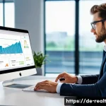 Home 18 상업용 부동산 관리 소프트웨어 추천 - A modern office setting in Germany showcasing a commercial property manager using intuitive property...