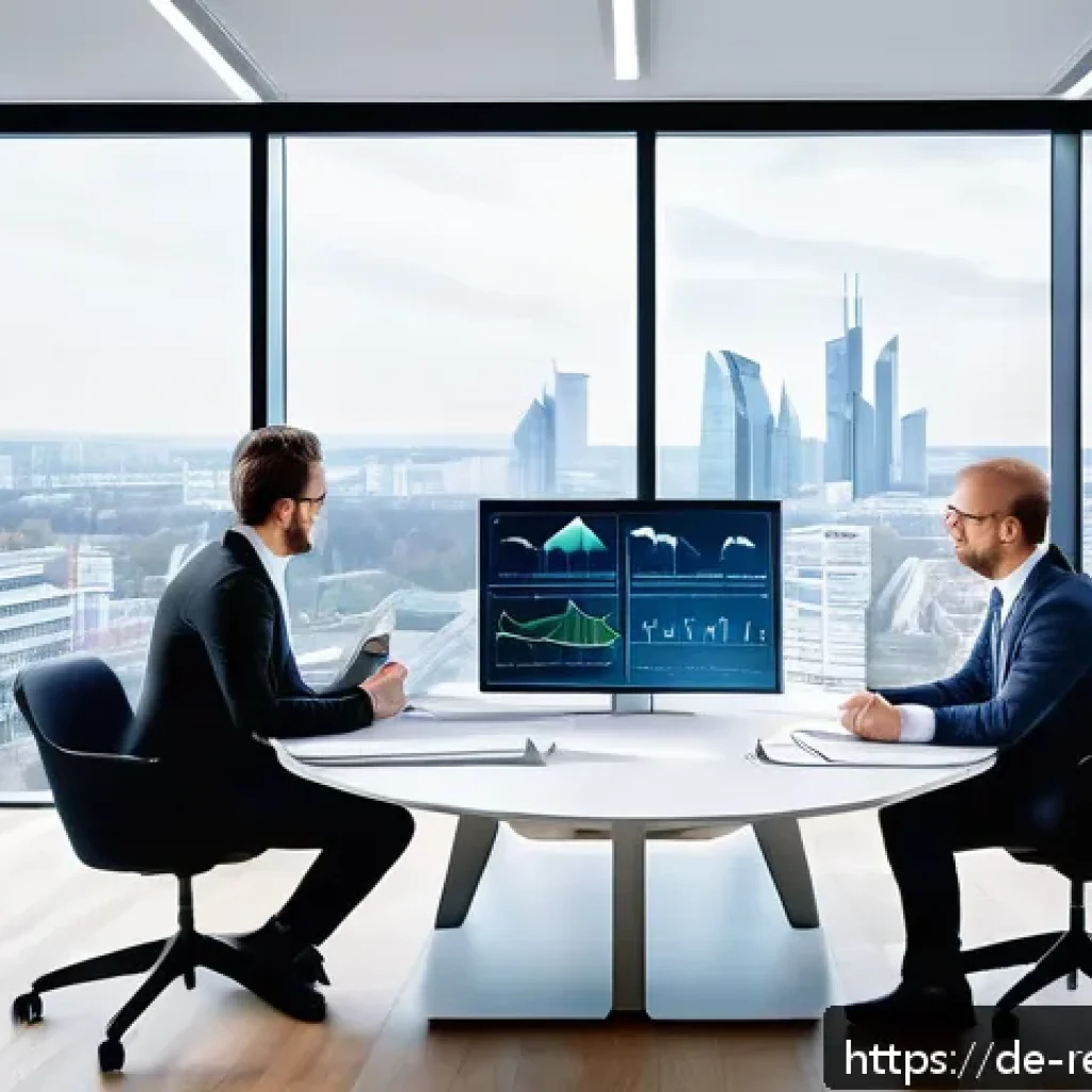 상업용 부동산 분석 기법 - A futuristic real estate market analysis scene in a modern office setting in Germany, featuring a di...
