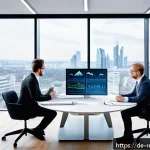 상업용 부동산 분석 기법 - A futuristic real estate market analysis scene in a modern office setting in Germany, featuring a di...