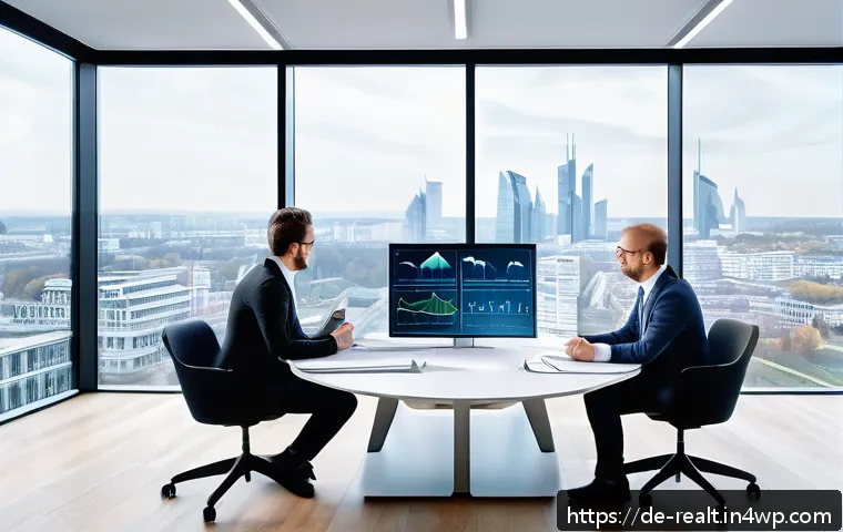 상업용 부동산 분석 기법 - A futuristic real estate market analysis scene in a modern office setting in Germany, featuring a di...