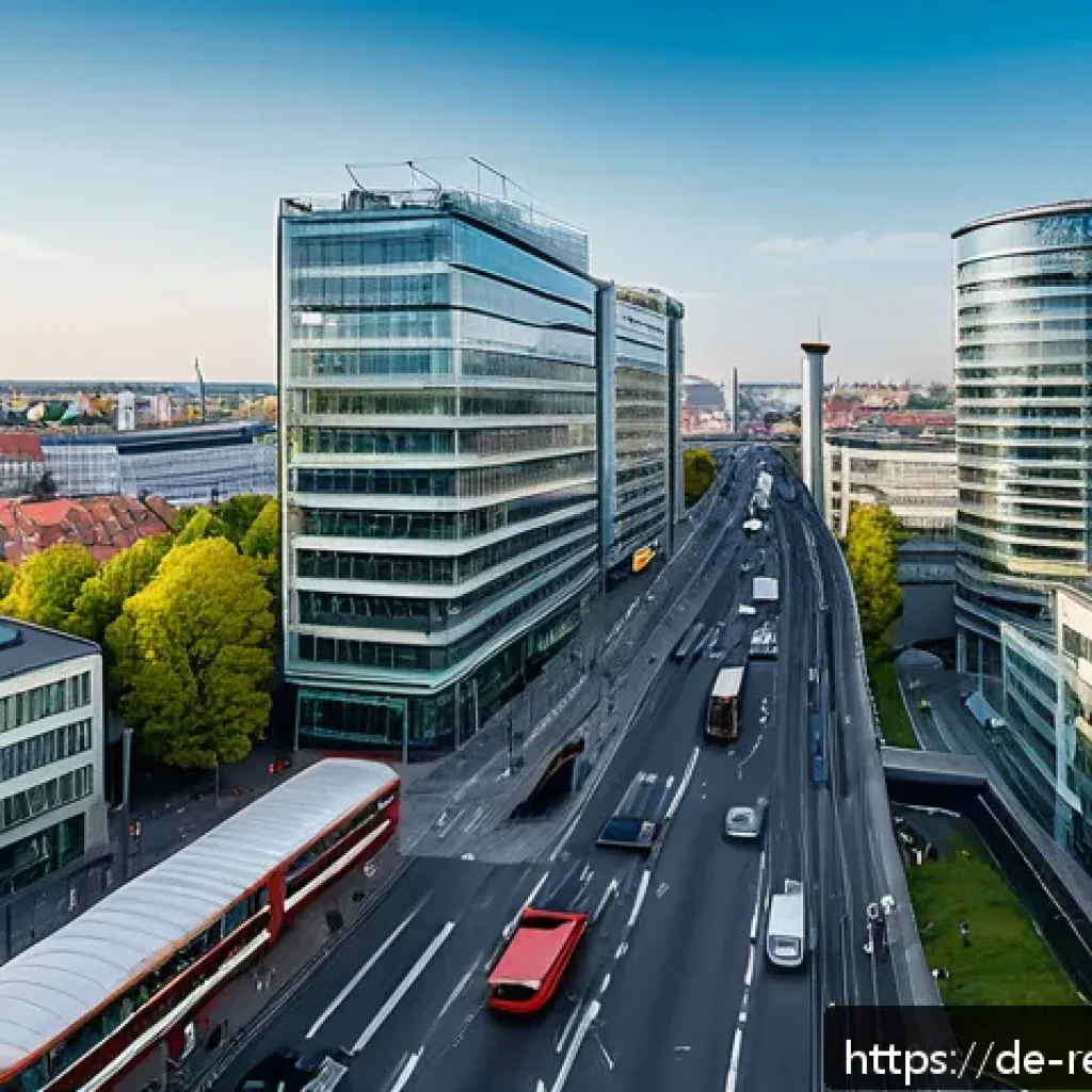 상업용 부동산 투자로 얻는 혜택 - A modern commercial real estate scene in a bustling German city like Berlin, featuring high-rise off...