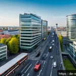 상업용 부동산 투자로 얻는 혜택 - A modern commercial real estate scene in a bustling German city like Berlin, featuring high-rise off...