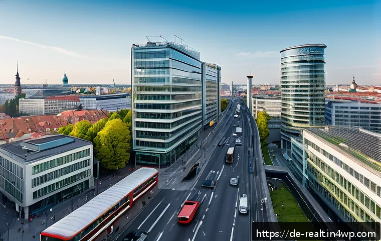 상업용 부동산 투자로 얻는 혜택 - A modern commercial real estate scene in a bustling German city like Berlin, featuring high-rise off...