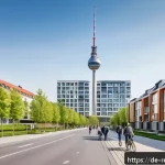 상업용 부동산 투자와 주식 투자 비교 - A modern German urban residential neighborhood scene in springtime, showing diverse apartment buildi...