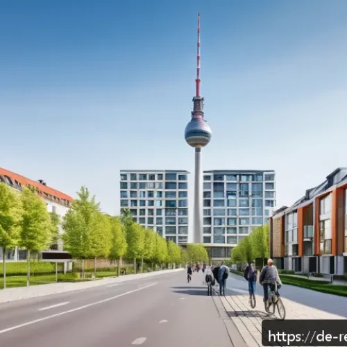 상업용 부동산 투자와 주식 투자 비교 - A modern German urban residential neighborhood scene in springtime, showing diverse apartment buildi...