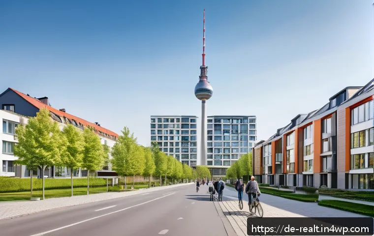 상업용 부동산 투자와 주식 투자 비교 - A modern German urban residential neighborhood scene in springtime, showing diverse apartment buildi...