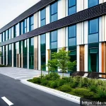 상업용 부동산 투자에 관한 최근 연구 - A modern, sustainable commercial office building in a German urban center, featuring LEED and DGNB g...